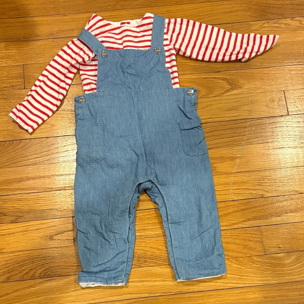 Jacadi Blue Overalls with Red Striped Shirt